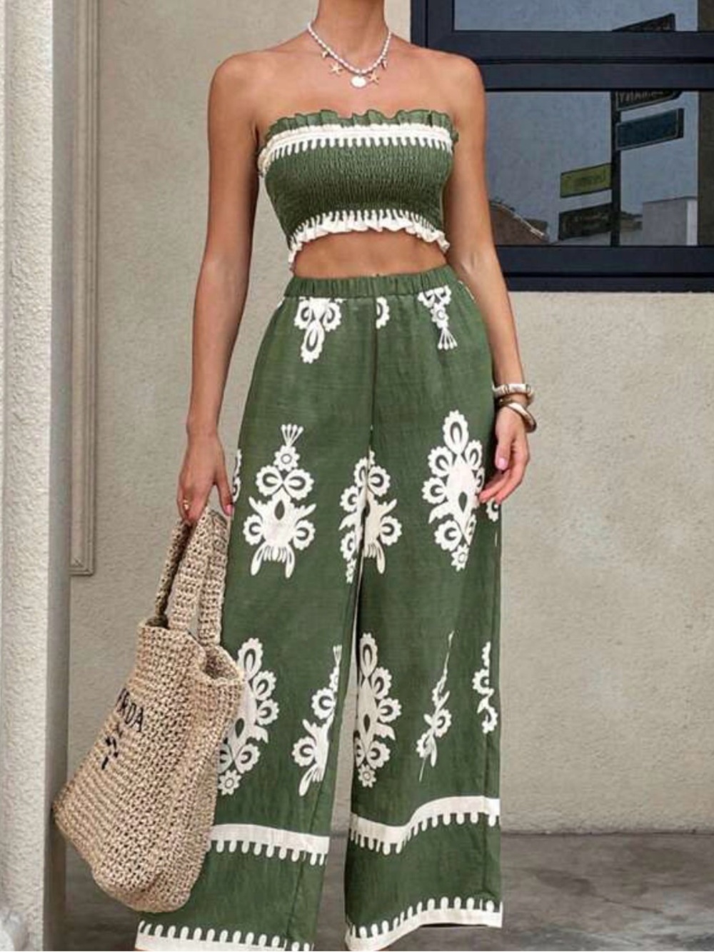 SHEIN Olive Green Smocked Tube Top & Wide-Leg Pants Set with White Embroidery